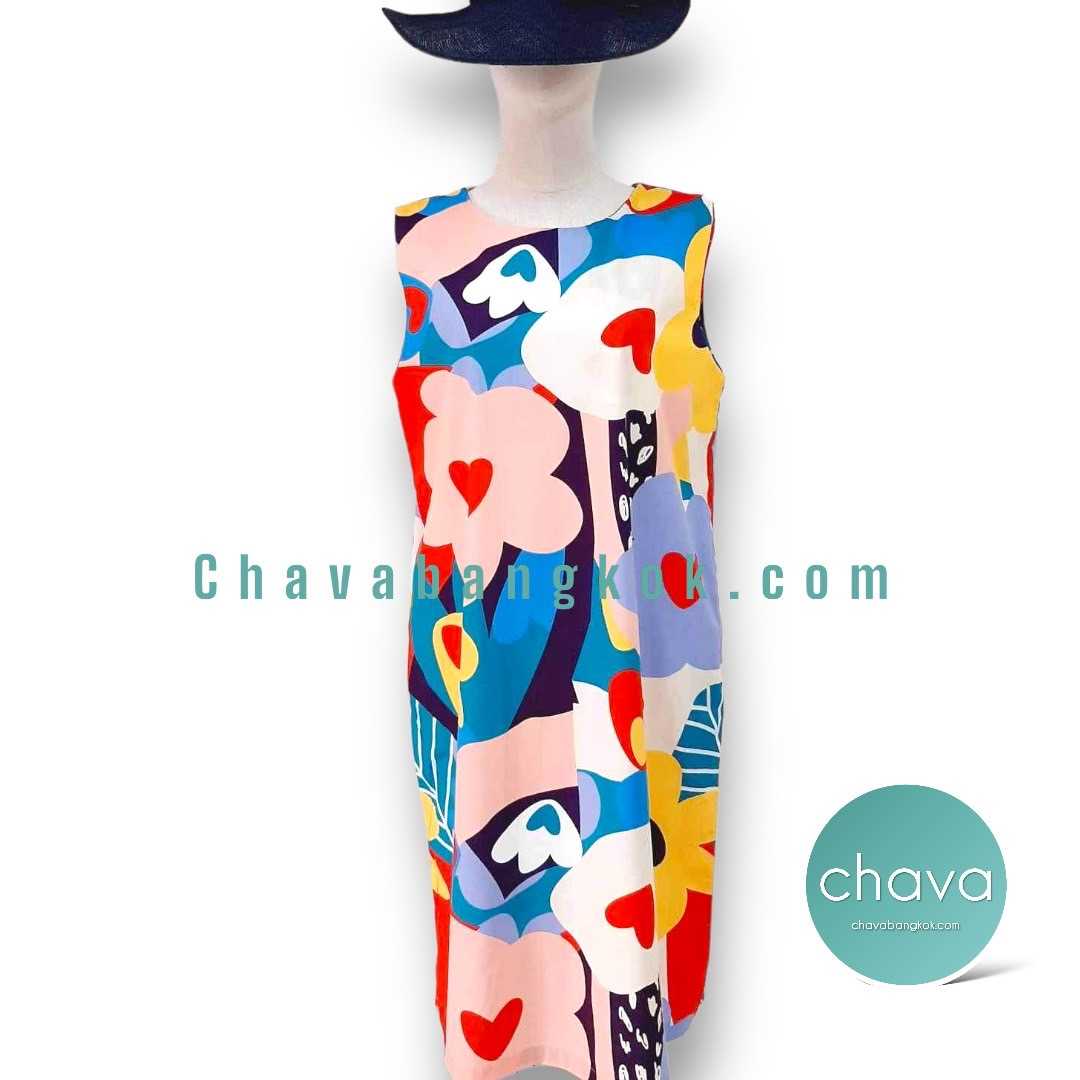 NEW!! MAXI Dress / ชุดเดรสยาว สีสด ลายกราฟฟิตหัวใจ หลากสี กระดุมหลัง มีกระเป๋า 2 ข้าง