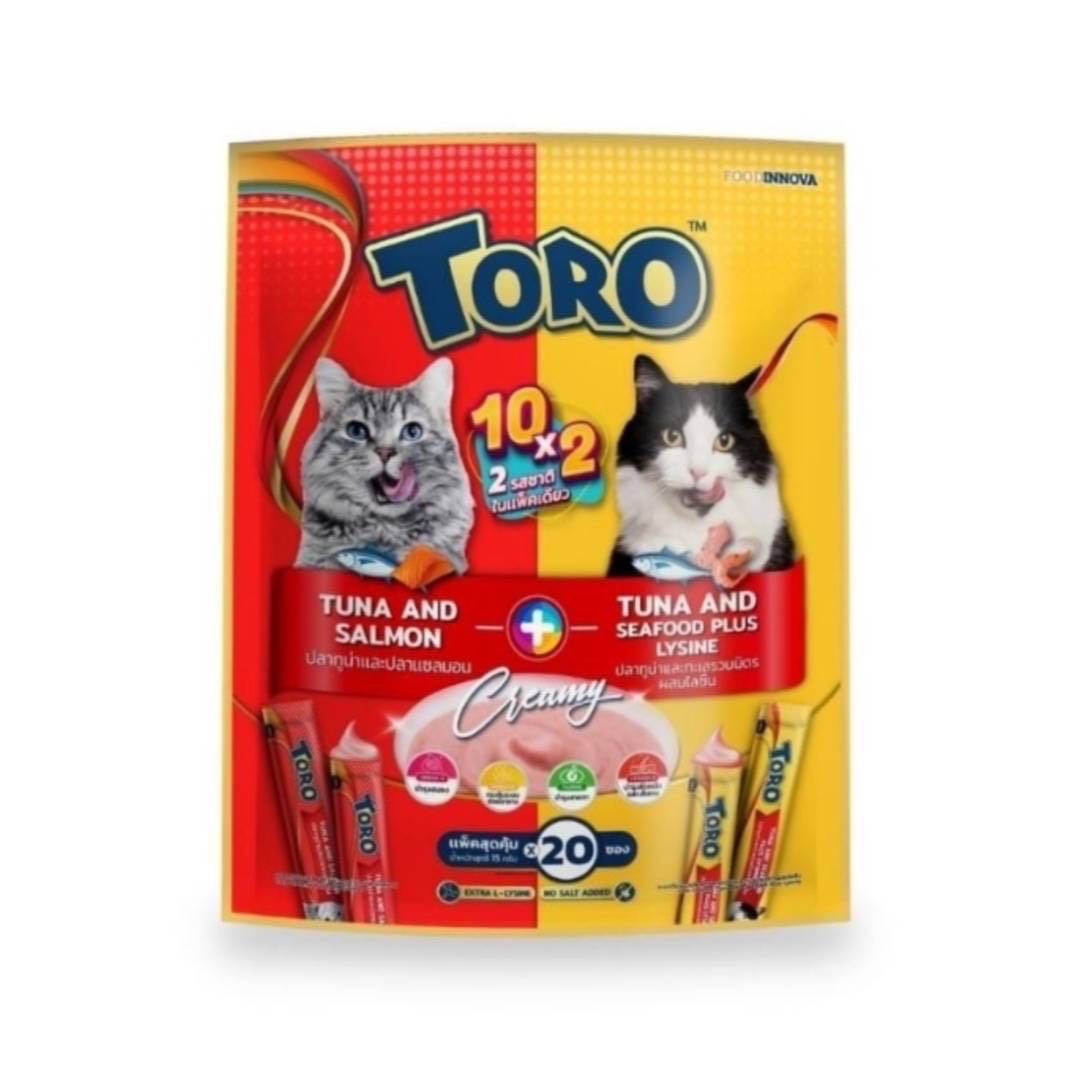 Toro Toro ขนมแมวเลีย Duo รสทูน่าแซลมอน+ทูน่าทะเลรวมมิตรผสมไลซีน (แพ็ค 20ซอง) 15g.x20 ซอง