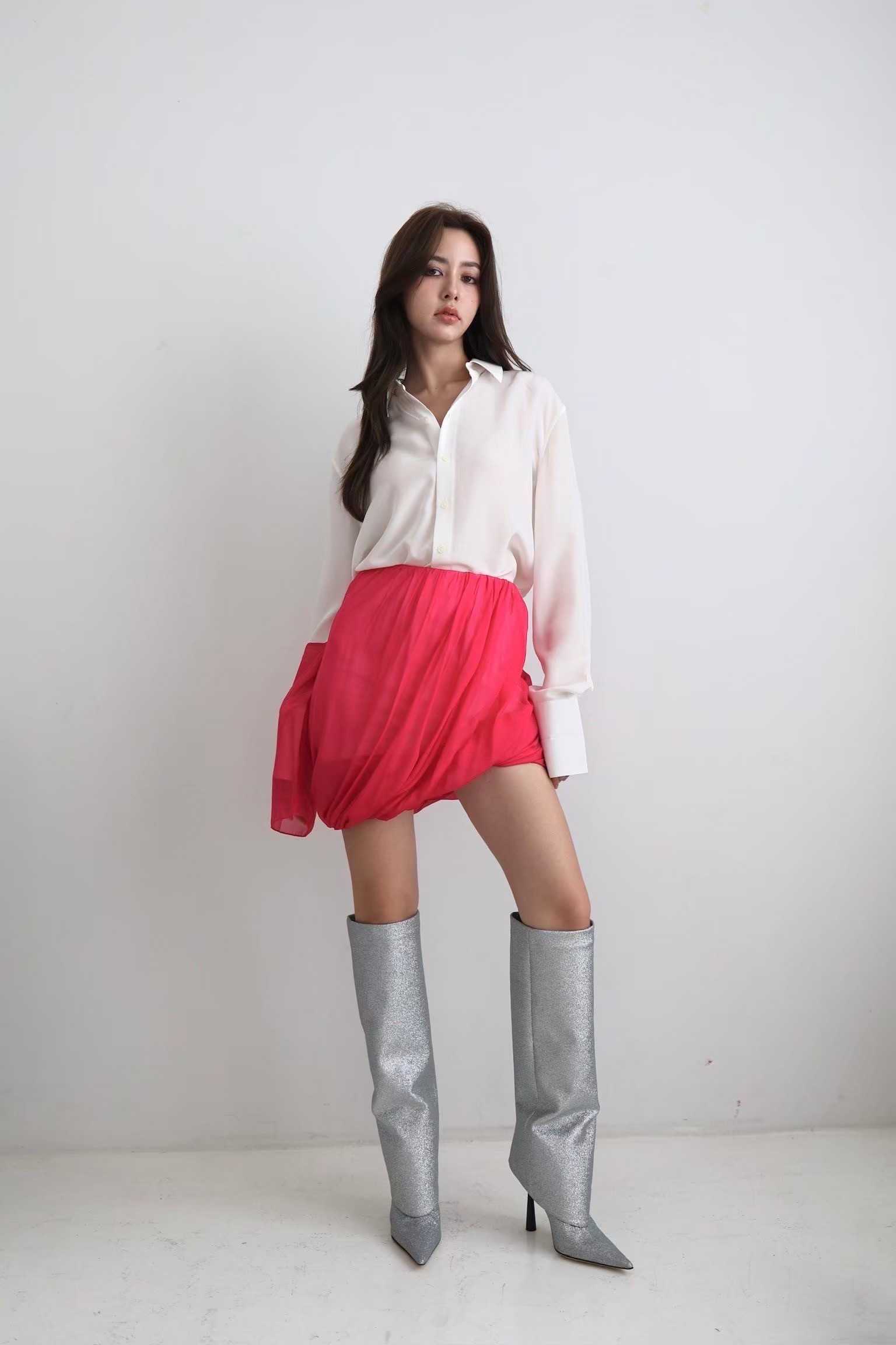 SALE Helmut Lang PRINTED SILK BUBBLE SKIRT - FUCHSIA