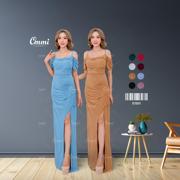 Ommishop ชุดราตรี 8188V สายเดี่ยว คอถ่วง ผ้าคริสตัล เดรสออกงาน ชุดงานแต่ง เพื่อนเจ้าสาว