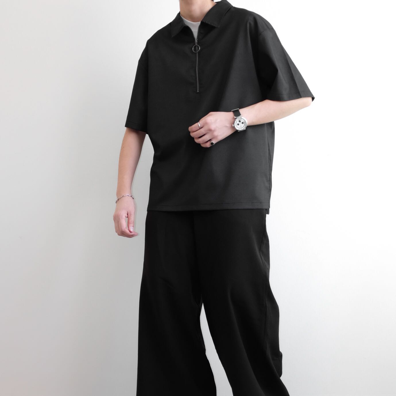 BACK NUMBER • Cropped Cotton Oversized Half Zip-Up Shirt