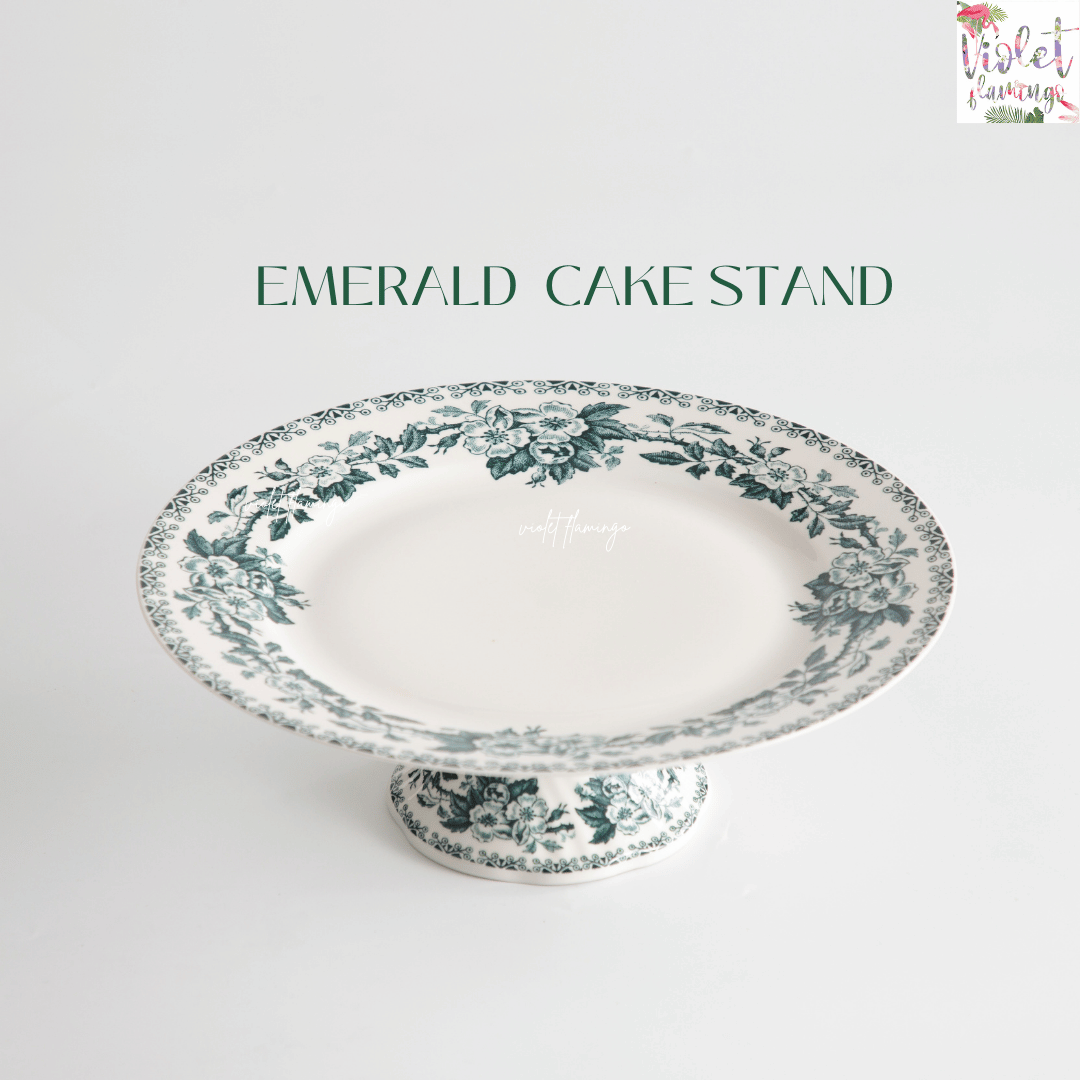 พานขนม Emerald Cake Stand ขนาด 10 นิ้ว เซรามิคสีขาวลายดอกไม้สีเขียว