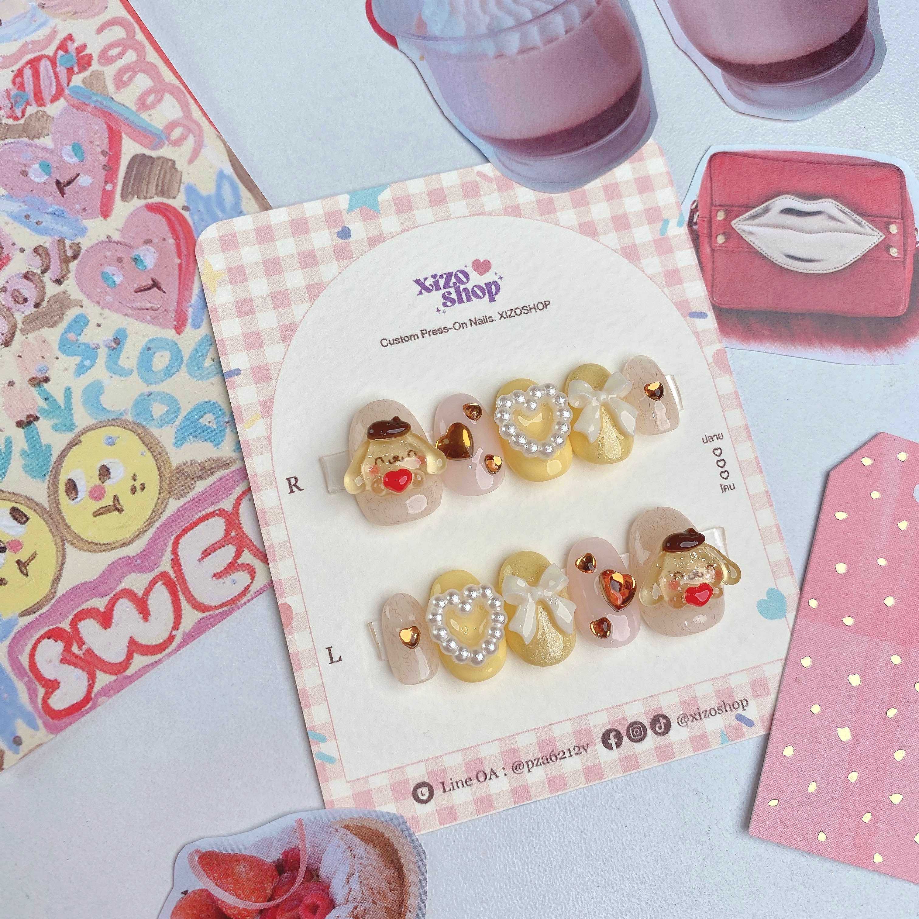 ไซส์ S เล็บปลอม สีเจล พร้อมส่ง Pompompurin ปอมปอมปุริน สีเหลือง