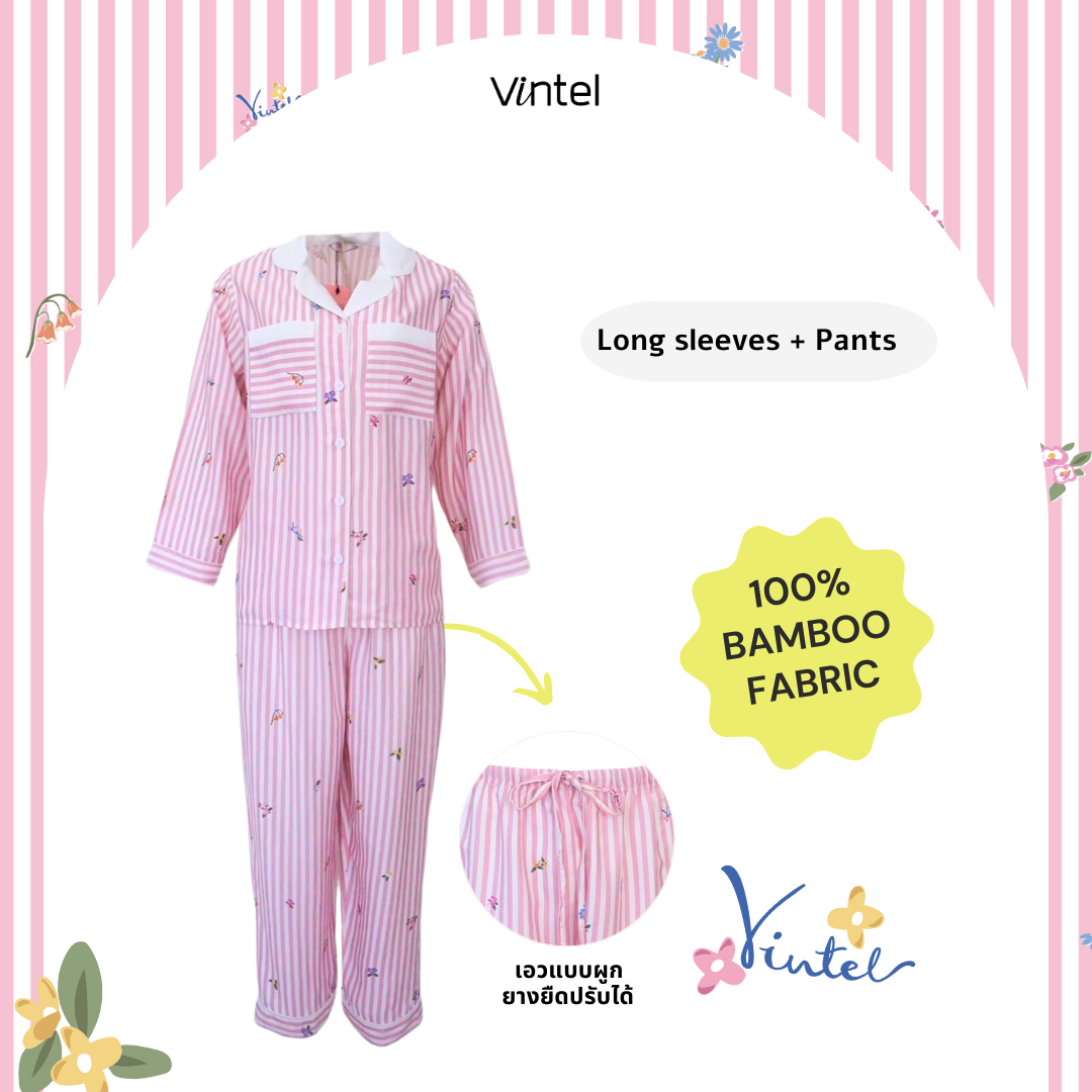 Pink  Flower Stripe : Long sleeve + Pants