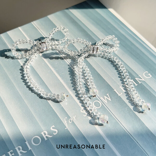 ต่างหูโบว์ Clear Glass Bead ต่างหูคลิป ต่างหูก้านเงินแท้ น้ำหนักเบา UA0925-02 Unreasonable Access...