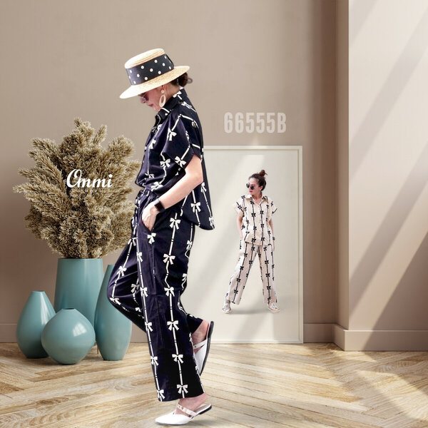 Ommishop 66555B ชุดเซ็ท เสื้อแขนสั้นคอปก และกางเกงขายาว ลาย Bow Cotton Japan 100% (Bonus)[66555]