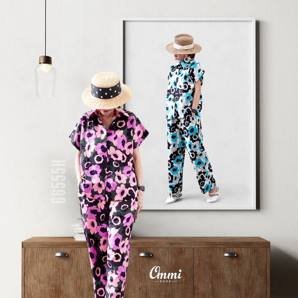 Ommishop 66555H ชุดเซ็ท เสื้อแขนสั้นคอปก และกางเกงขายาว ลายดอก Hana Cotton Japan 100% (Bonus)[66555]