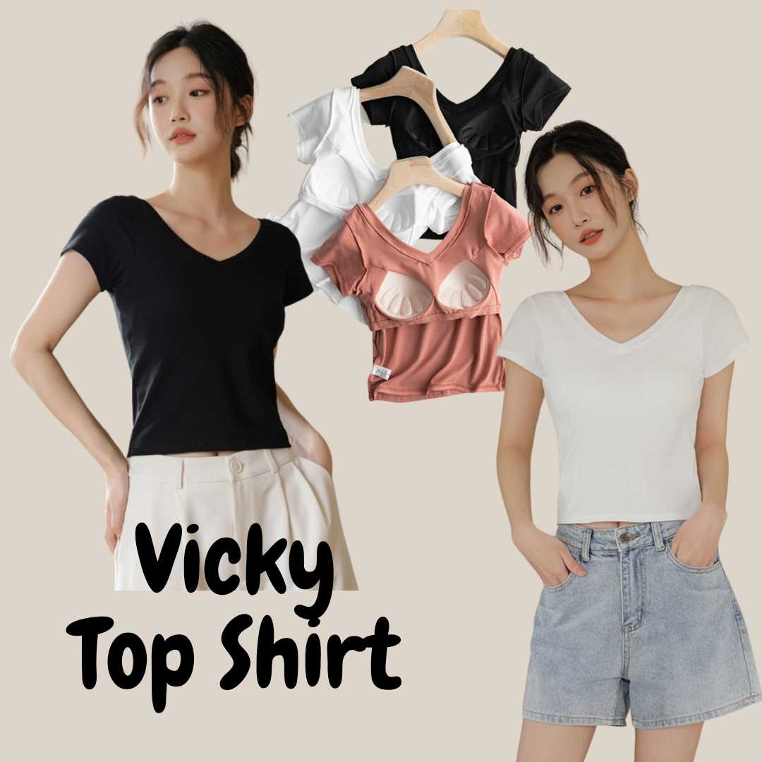 Vicky Top Shirt เสื้อยืดเอวลอย คอวี แขนสั้น มีซัพฟองน้ำ 2in1 มีบราในตัว