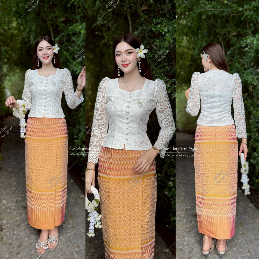 ผ้าถุงผ้าฝ้ายทอลาย ลายขอนารี ผ้าถุงสำเร็จ ใส่ไปวัด งานป้ายสำเร็จซิปหลัง ยาว 36 นิ้ว อัดกาวทั้งผืน