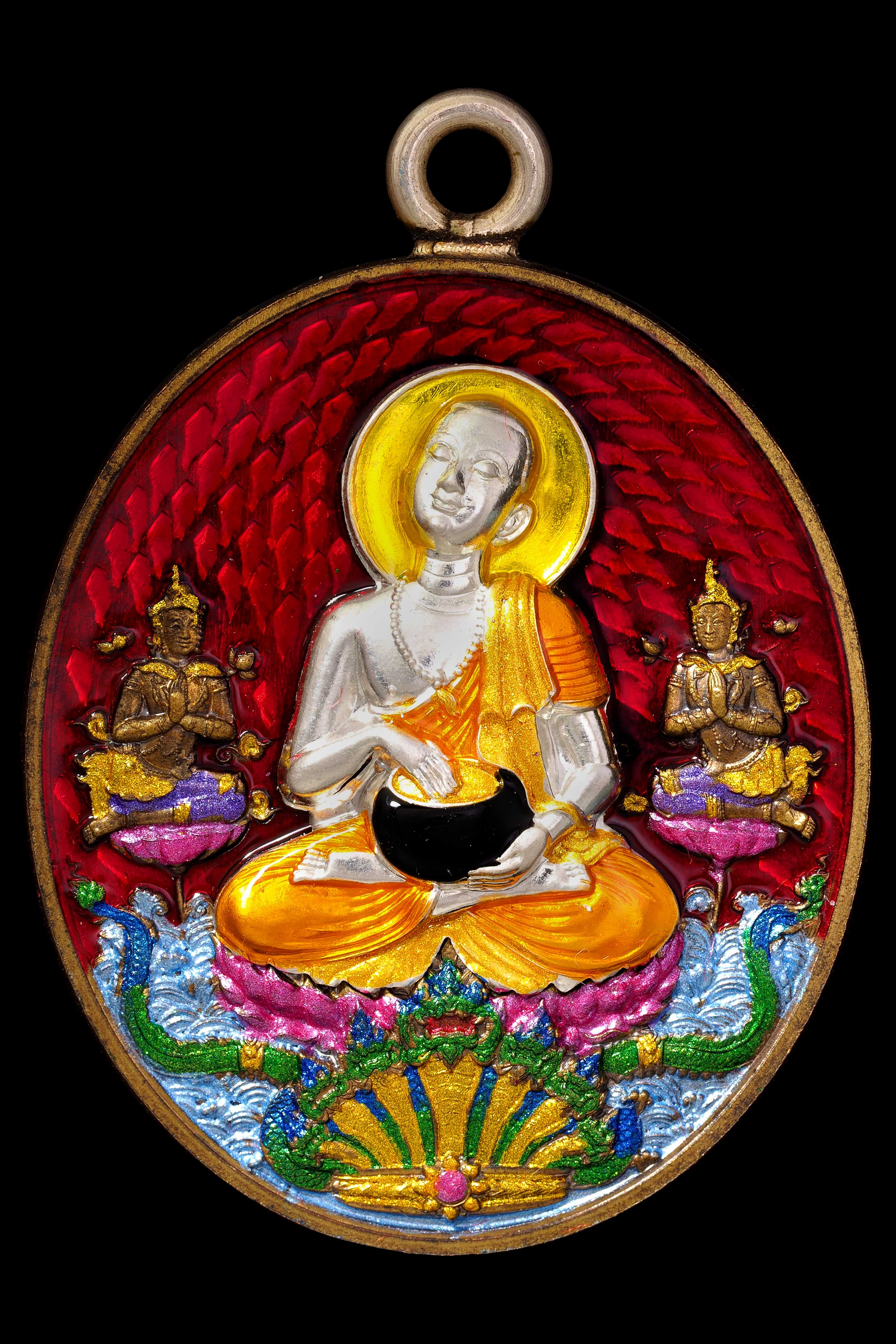 (เหรียญประธาน) เนื้อนวโลหะ ผสมแร่เจ้าน้ำเงิน ห่วงเชื่อมเงินแท้ หน้ากากเงินแท้ ลงยาราชาวดี