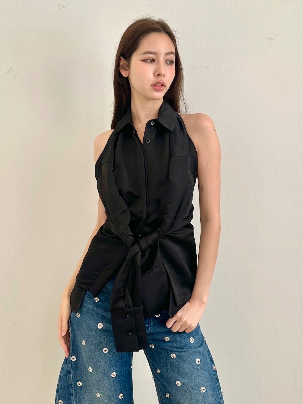 SALE A.W.A.K.E. MODE Deconstructed Shirt Halterneck Top - Black