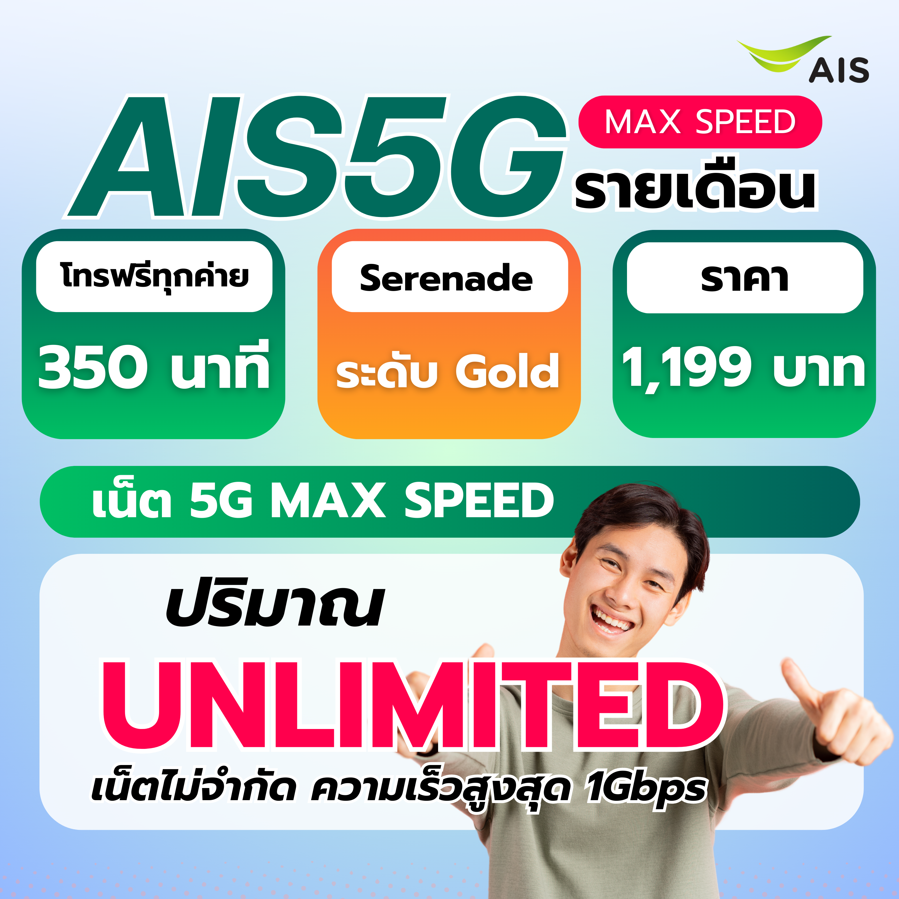 ซิมรายเดือน AIS+แพ็กเกจ 1,199 บาท (ไม่ระบุเบอร์)