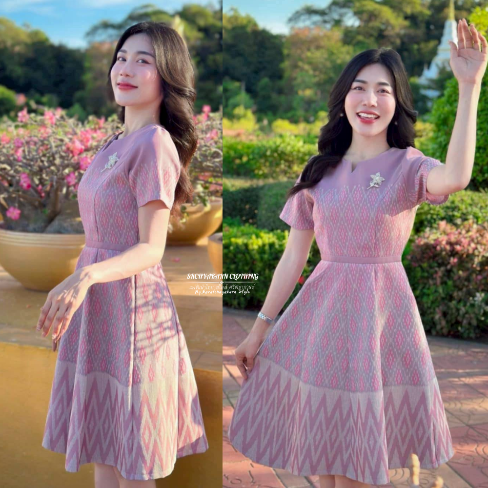 ชุดเดรสผ้าไทยทอลาย คอหัวใจ กระโปรงทรงบานย้วย ยาว 37 นิ้ว เนื้อผ้าฝ้ายทอลาย สีชมพู สวย หวานมาก