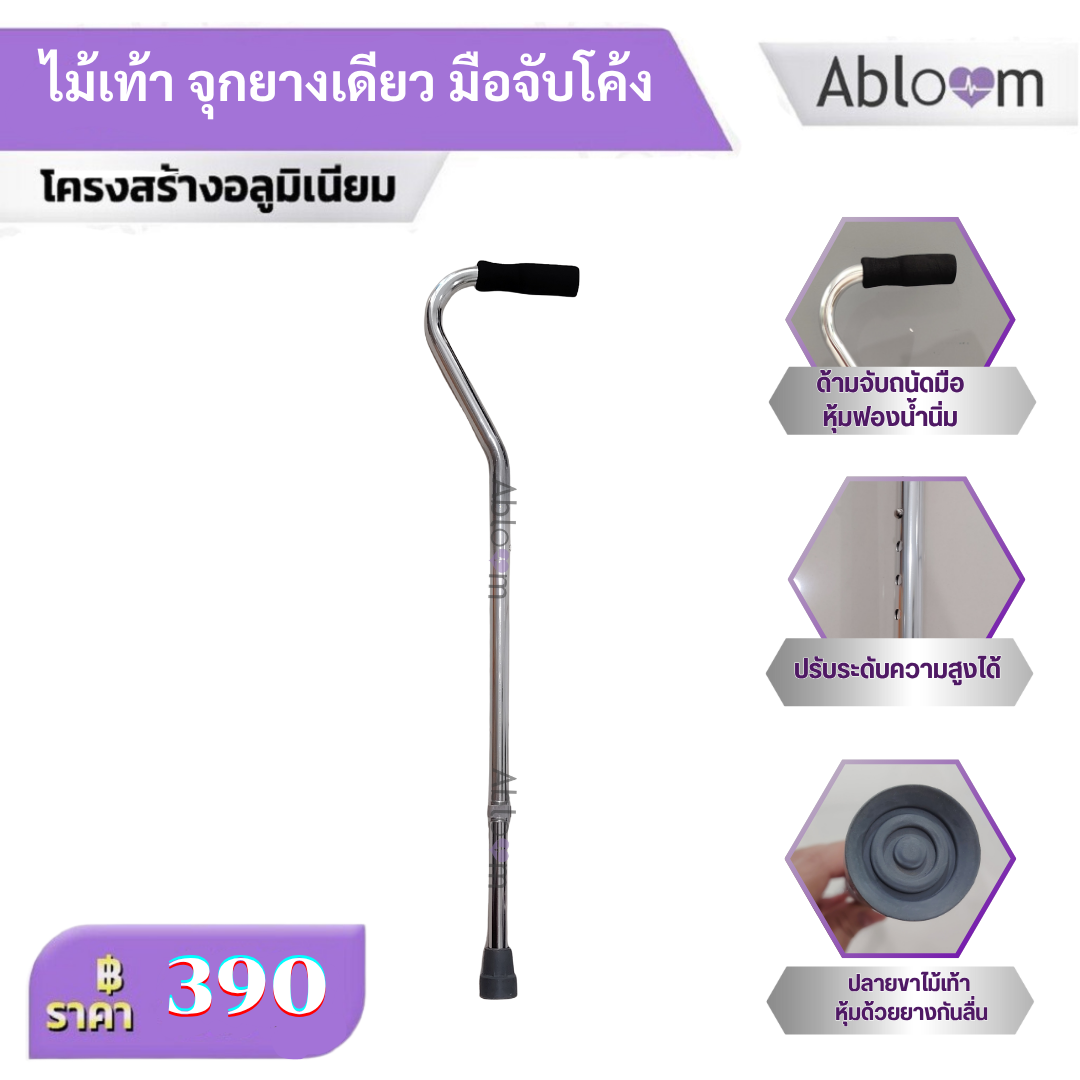 Abloom ไม้เท้า จุกยางเดียว มีจับโค้ง Walking Cane with Curved Shape Handle (สีเงิน)