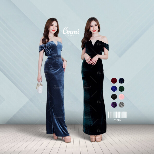 Ommishop ชุดราตรี 1166K เปิดไหล่ แต่งซีทรูตรงอก กำมะหยี่ เดรสออกงาน ชุดงานแต่ง เพื่อนเจ้าสาว