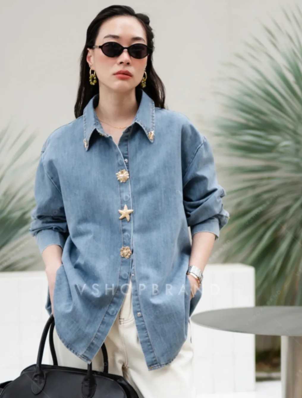 เชิ้ตยีนส์แขนยาวกระดุมทองปลาดาว 