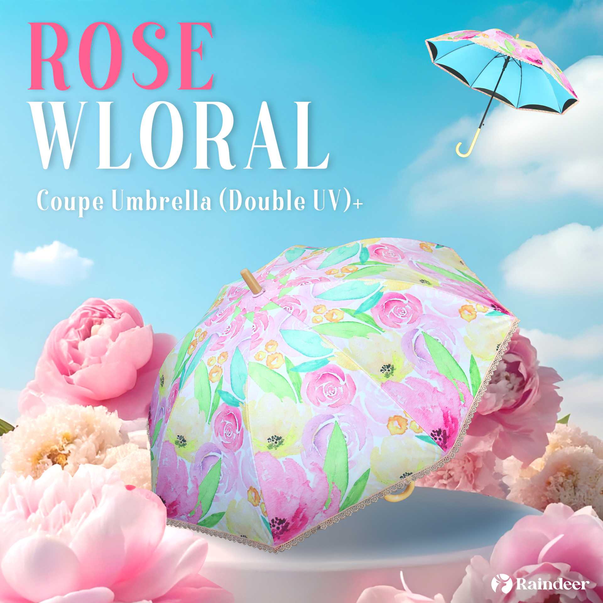 Raindeer ร่มยาว 22 นิ้ว 2 ชั้น กันUV ลาย Rose Wloral Coupe Umbrella ( Double UV)+ ร่ม2ชั้นกันเเดด