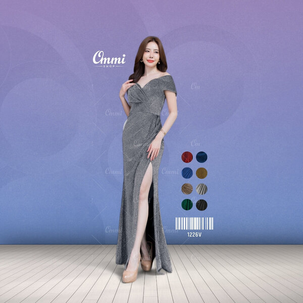 Ommishop ชุดราตรี 1226V แขนสั้นแต่งคาดอก ผ้า Glitter เดรสออกงาน ชุดงานแต่ง เพื่อนเจ้าสาว