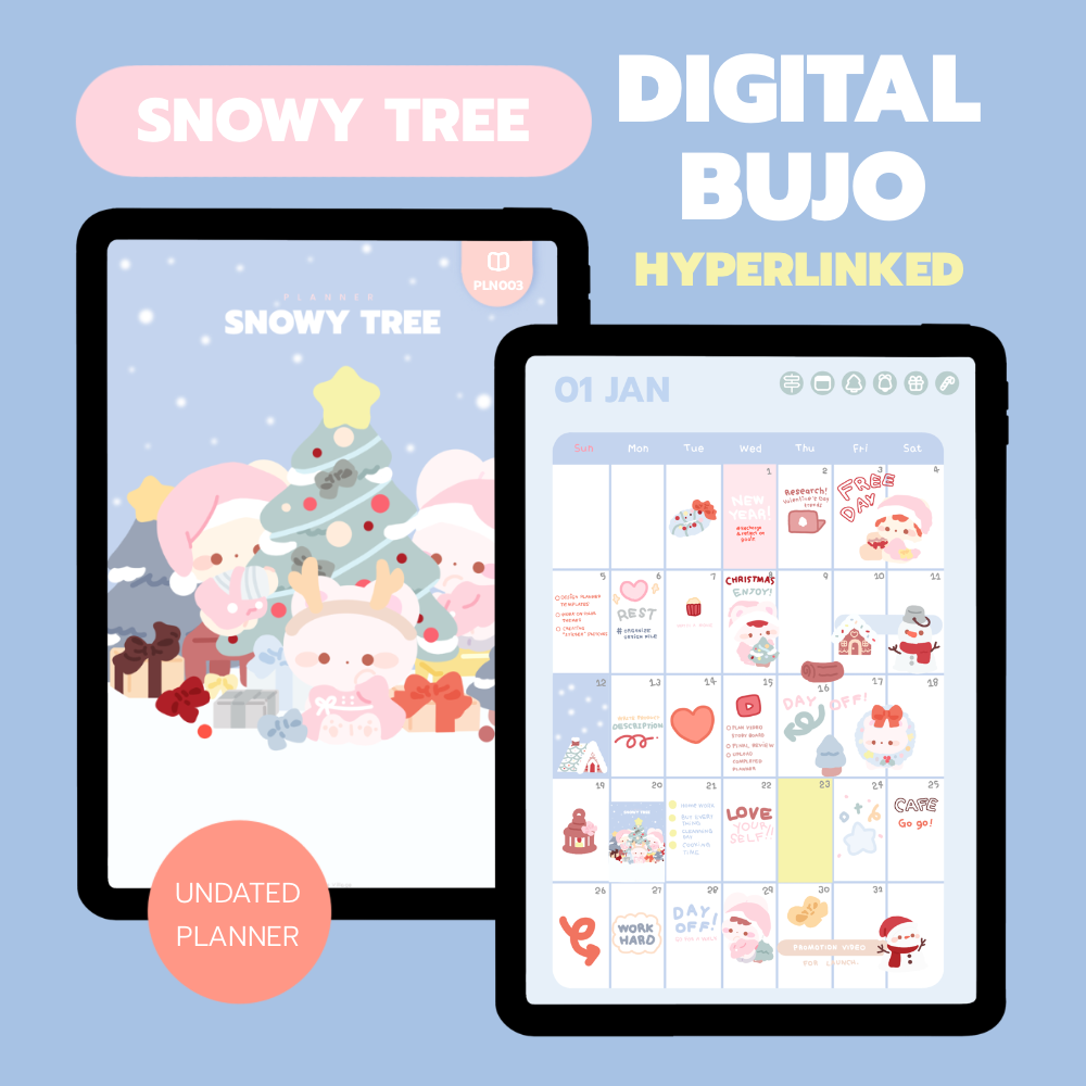 Digital Planner 2025, Undated Planner, Hyperlink, Snowy Tree