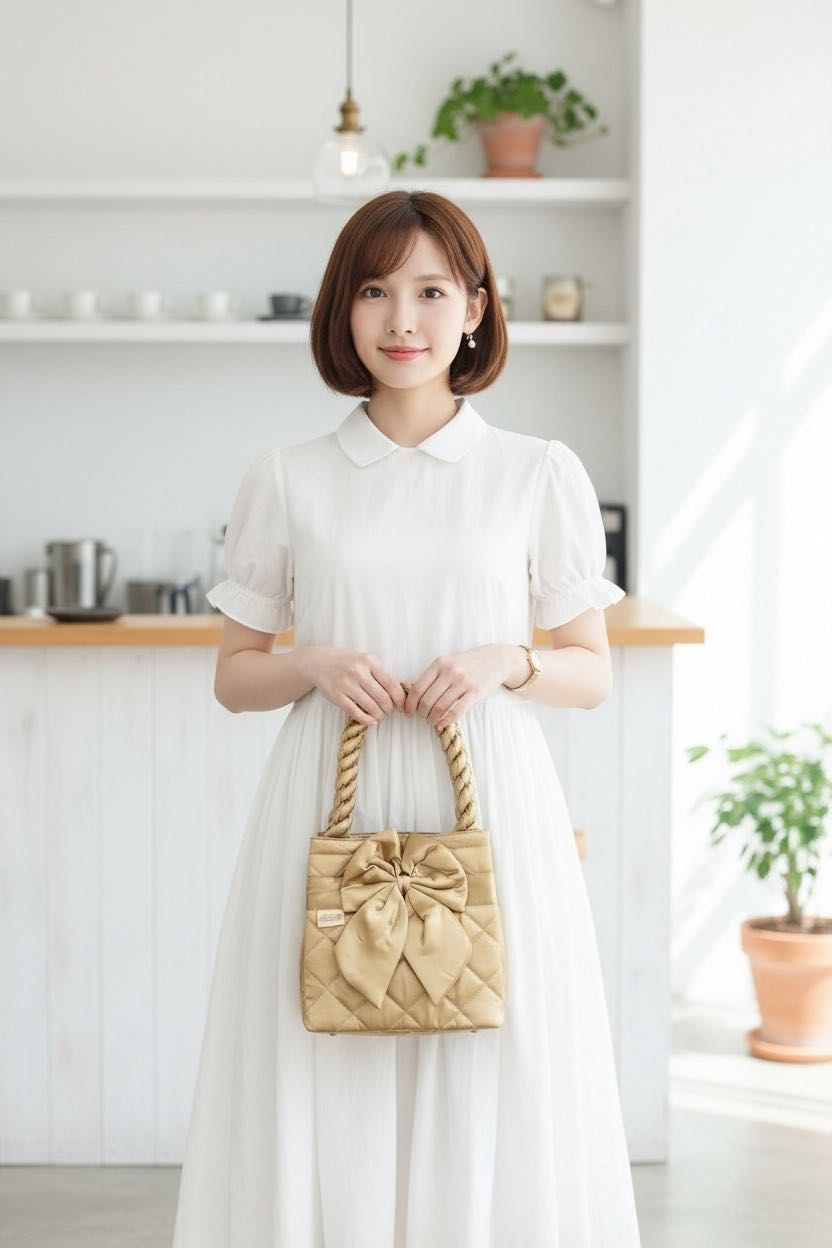 กระเป๋าถือผ้าซาติน สีทอง แต่งโบว์สายเกียว แบรนด์ Fabrica