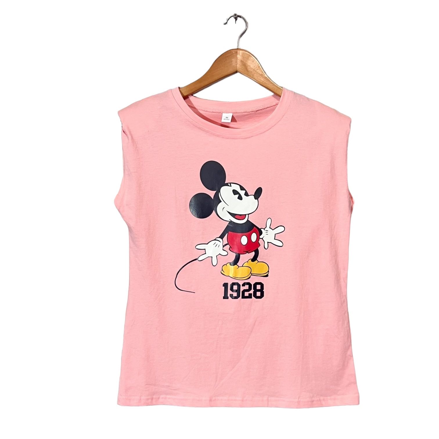 เสื้อยืดแขนกุด เสริมไหล่ สีชมพู ลายมิกกี้