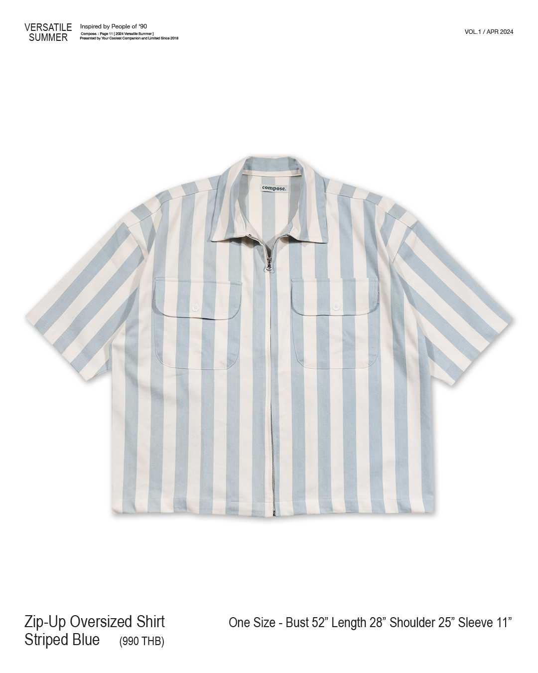 Zip-Up Oversized Shirt in Striped Blue