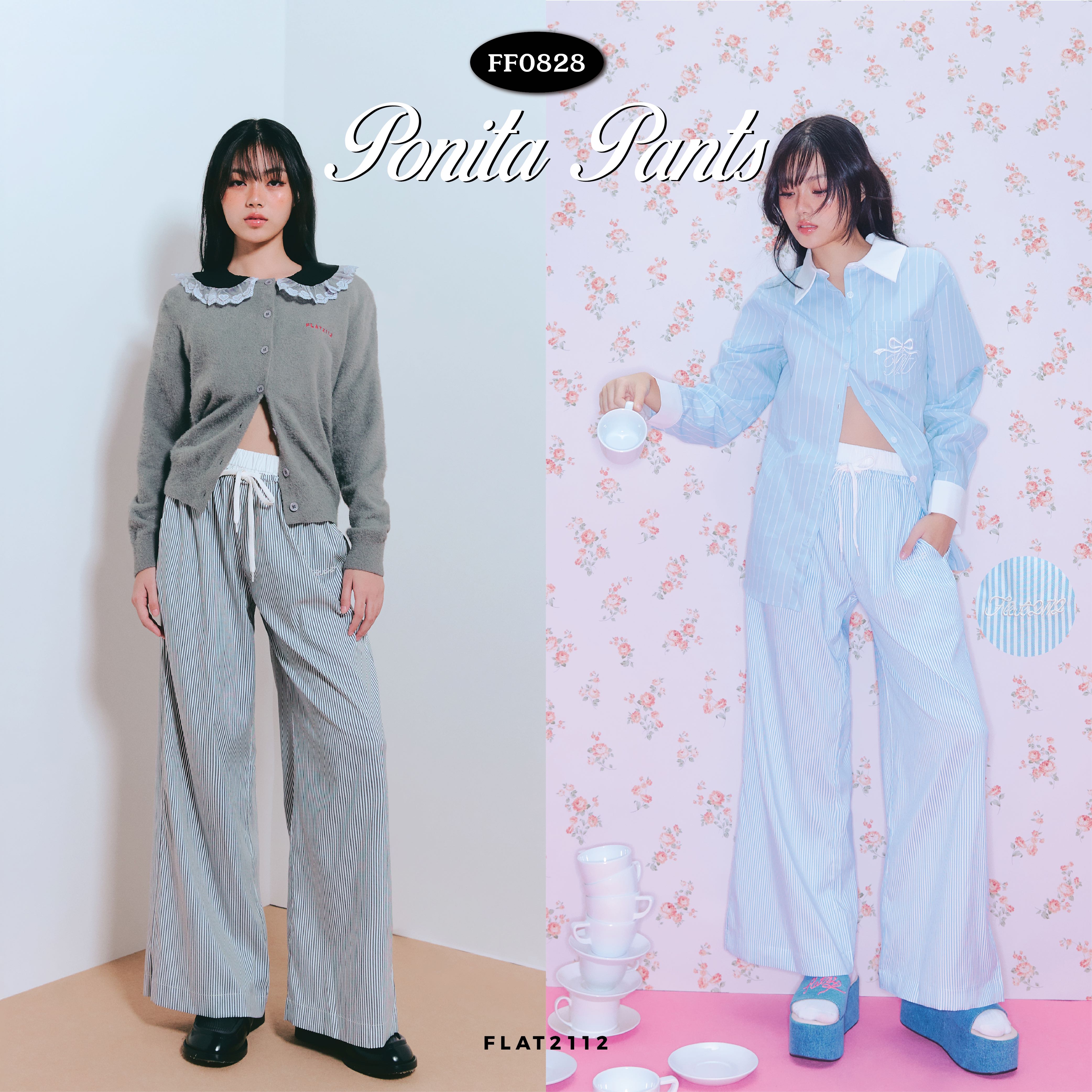 FLAT2112 FF0828 : PONITA PANTS กางเกงขายาวลายทาง แต่ง 2 ชั้น