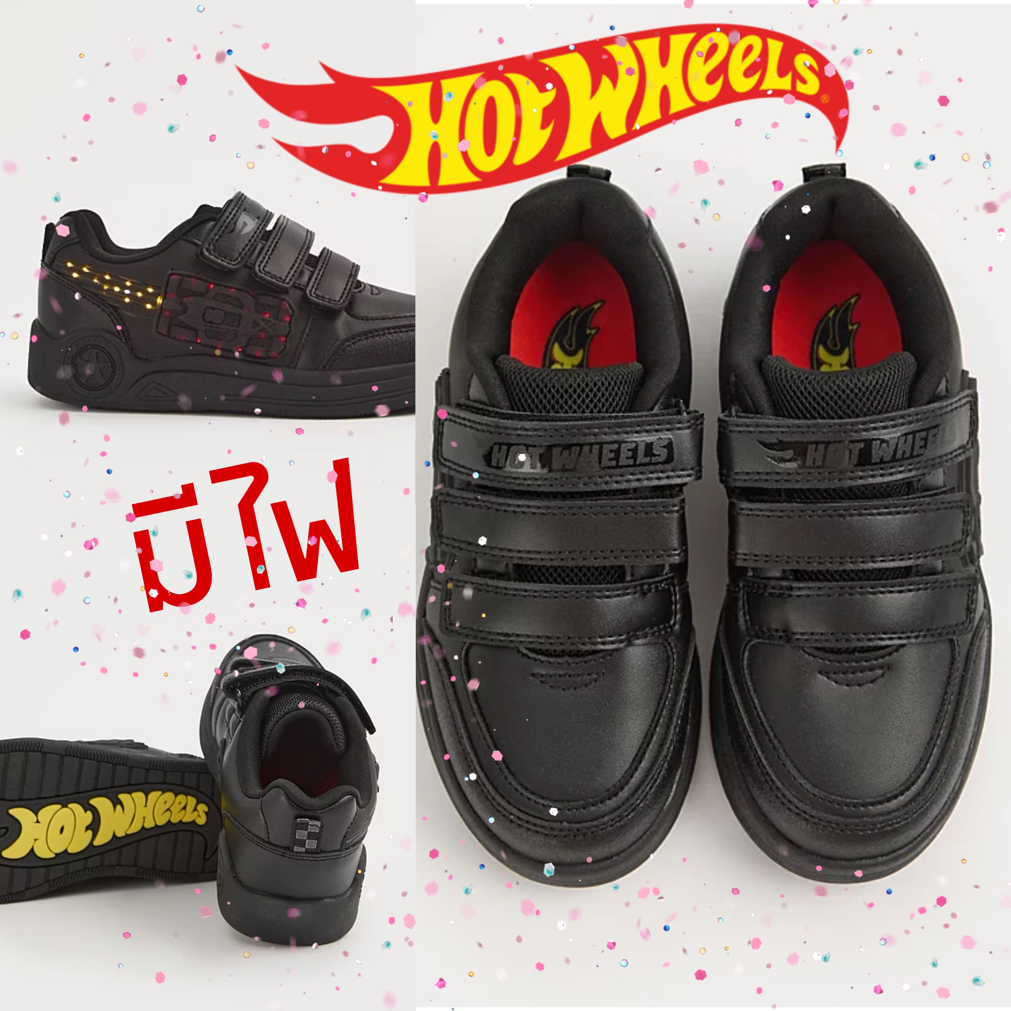 Preorder12-18วัน-(UK)/Size UK8-UK2/รองเท้านักเรียนเด็กHot Wheels สีดำ มีไฟ Light Up