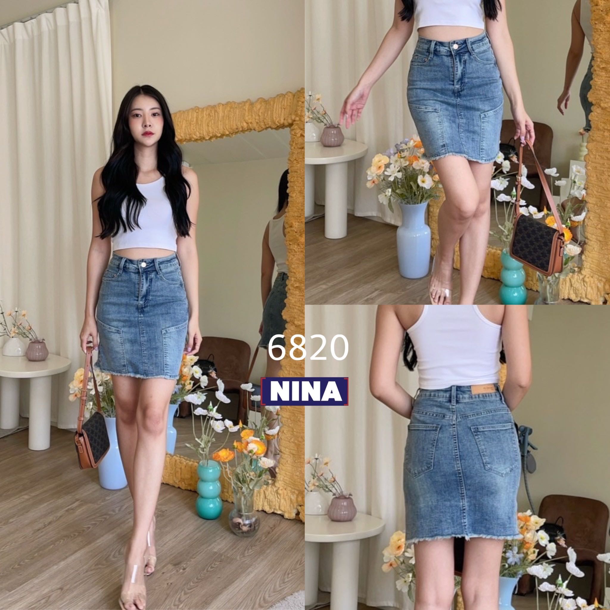 กระโปรงยีนส์เอวสูง ทรงสอบ ผ้านุ่มยืด ปลายแต่งรุ่ย สีฟอกสนิม #NN6820