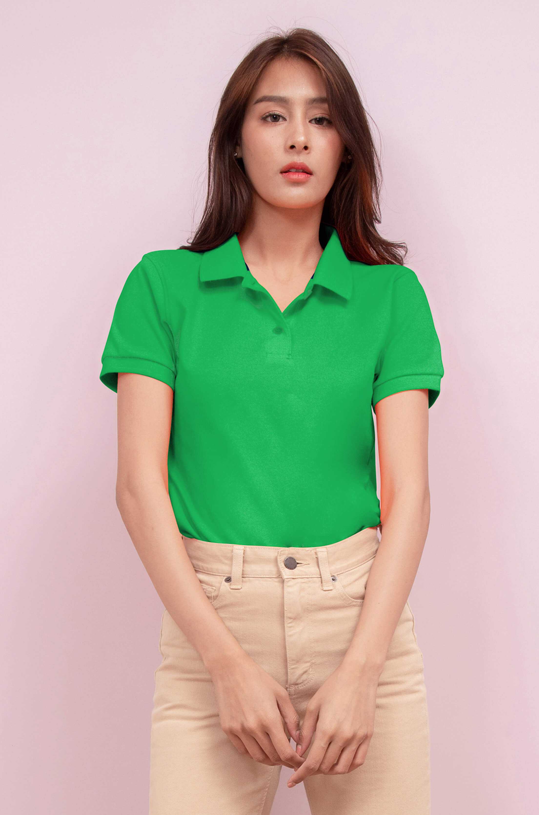 Noproblem ยอดขาย No.1 รับประกัน ไม่ย้วย ไม่ยืด ผ้านุ่ม เสื้อโปโล หญิง สีเขียวเพริโดต์