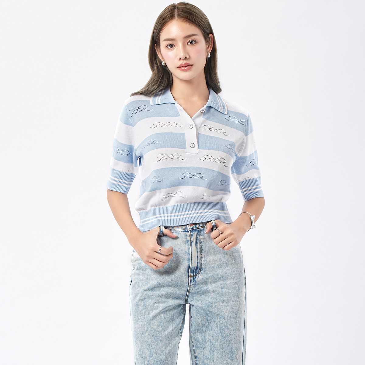 สเวตเตอร์โปโลลายทาง | Striped Polo Neck Sweater | 04949