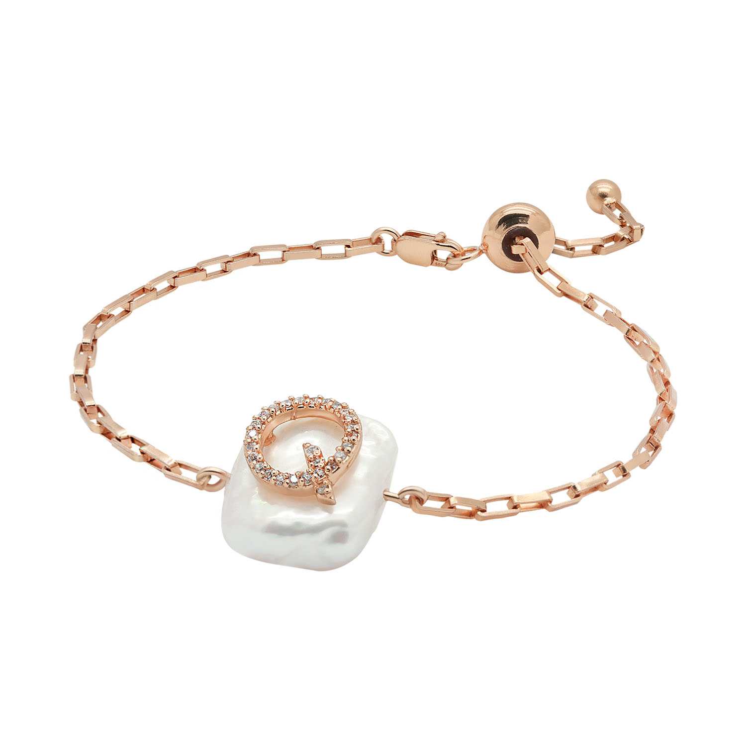 Initial Pearl Bracelet A-T Letter (Rose Gold)
