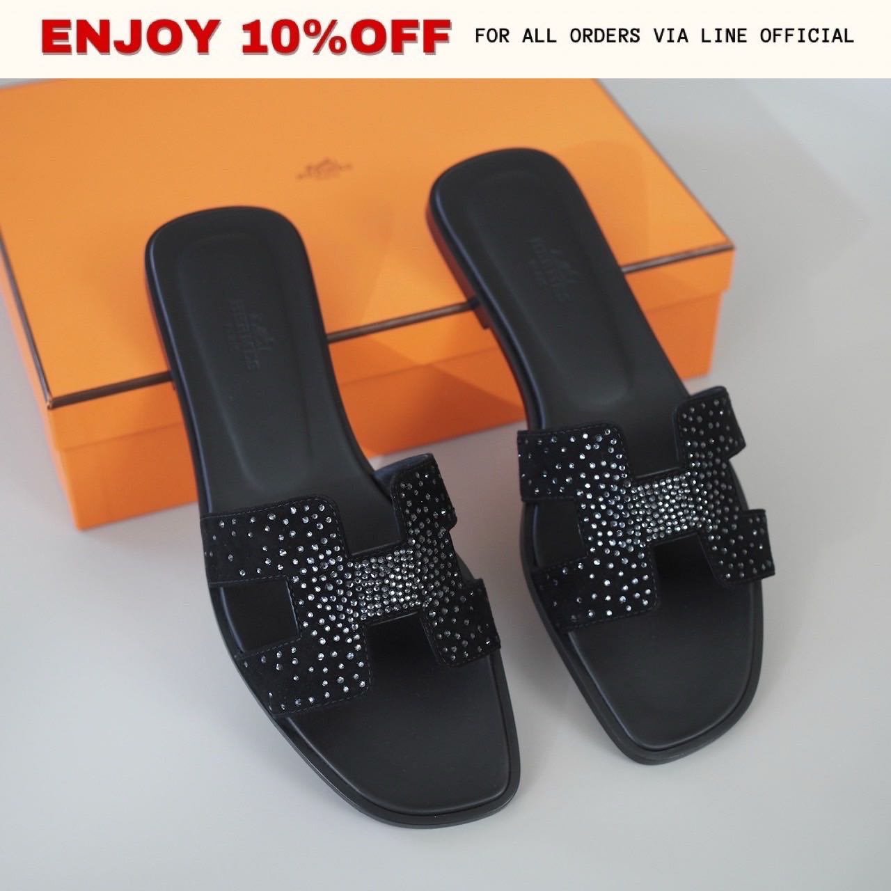 NEW! HERMES Oran Sandals สี Noir Rhinestone | Shoes