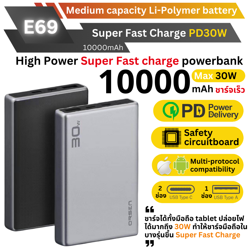 E69 10000mAh Fast Charge PD 30W  แถมซอง & สายชาร์จ สินค้าจัดส่งฟรี!