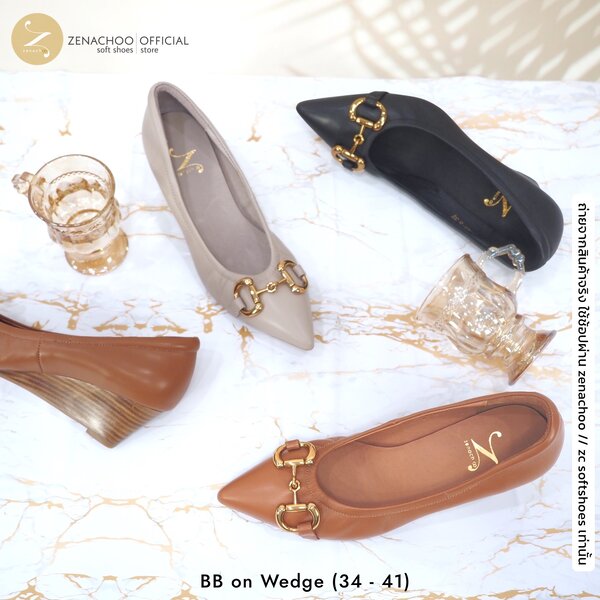 ทรงปกติ เปลี่ยนไซส์ได้-ไม่รับคืน Zenachoo รุ่น BB on Wedge สูง 2 นิ้ว รองเท้าส้นเตารีด หัวแหลม หน...