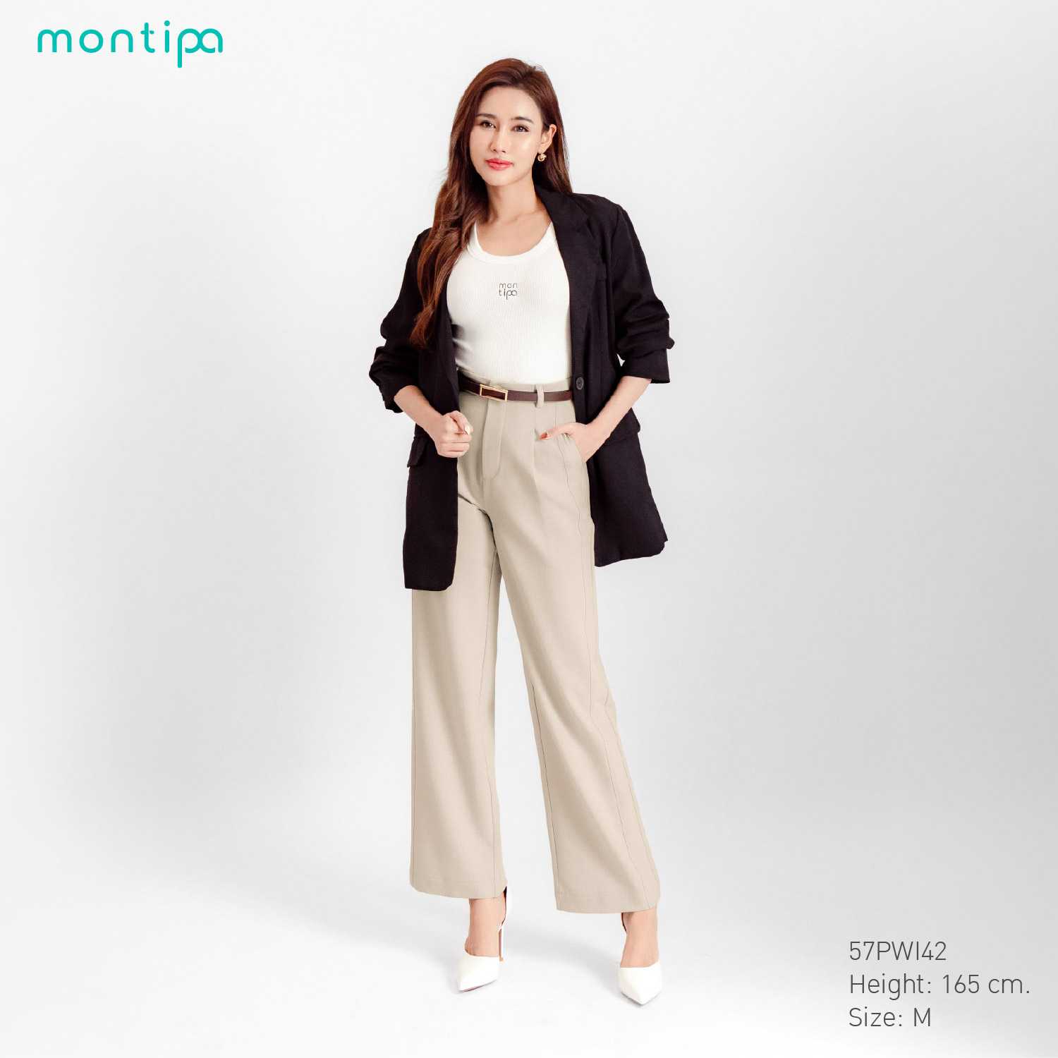 Montipa กางเกงทรงกระบอกใหญ่ กระดุมและซิปหน้า ดีเทลจีบหน้า ผ้า Super Iron Free 57PWI42