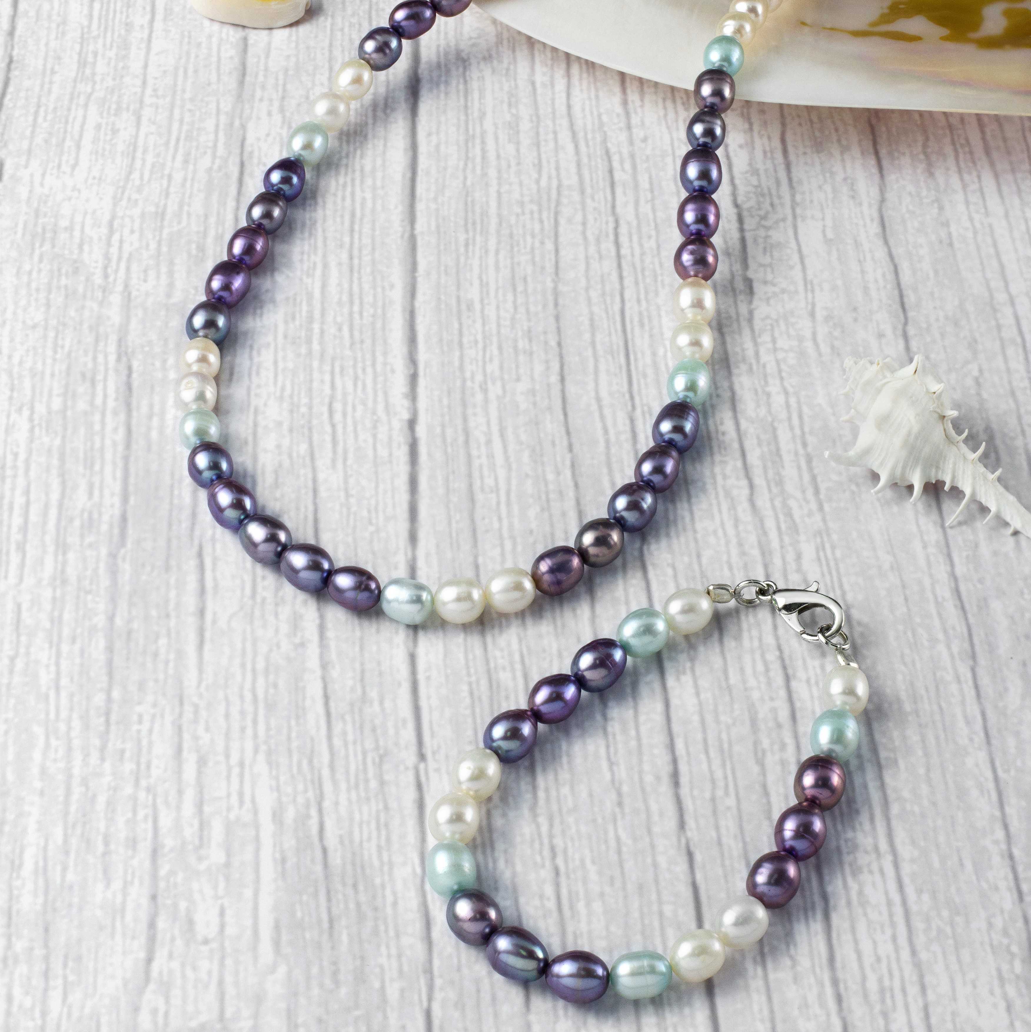 สร้อยคอไข่มุกแท้ FW03 | สร้อยข้อมือไข่มุกแท้ BL26 สีม่วง-ฟ้า-ขาว