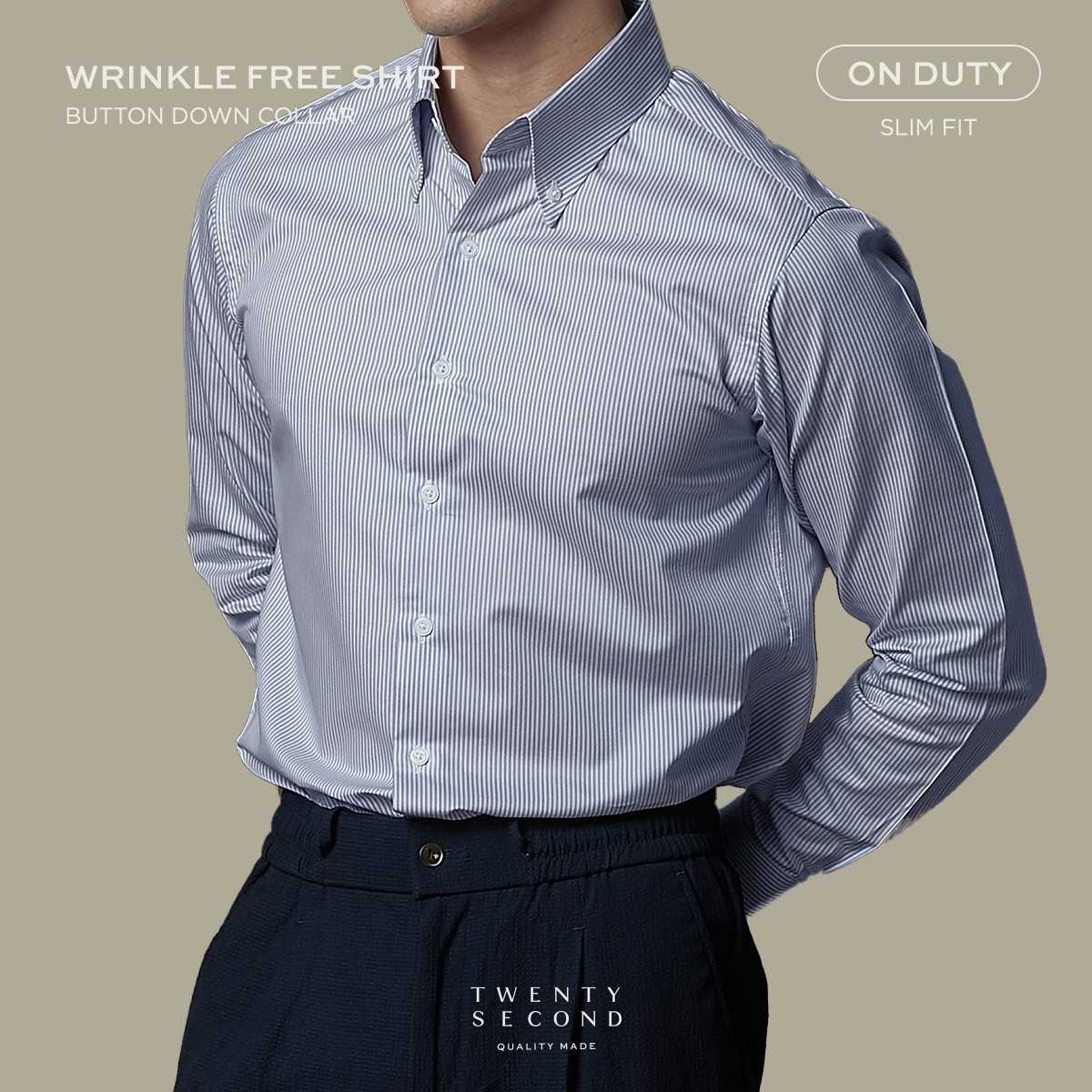WRINKLE FREE BTD SHIRT  - DARK BLUE STRIPE