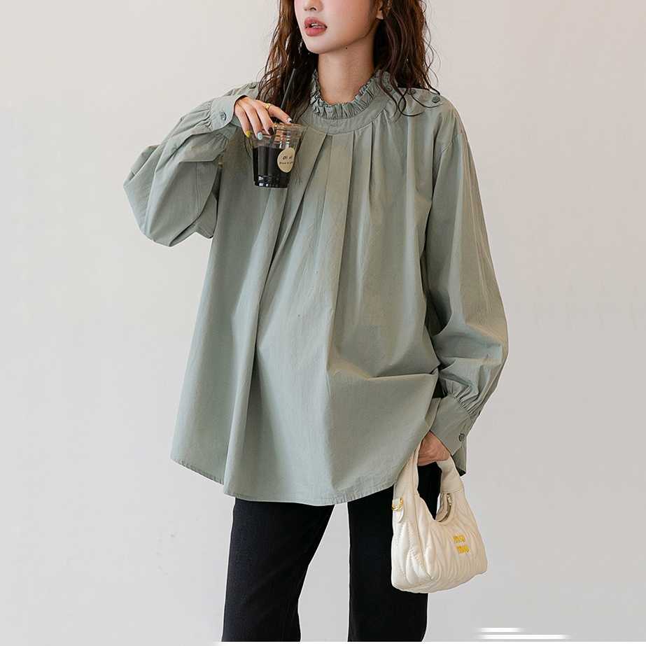 เชิ้ตทรง oversize แบบเรียบเก๋น่ารักมากๆ ทรงปล่อยหลวม ผ้าคอตตอนเชิ้ตงานดีมาก - สีเขียวตุ่น
