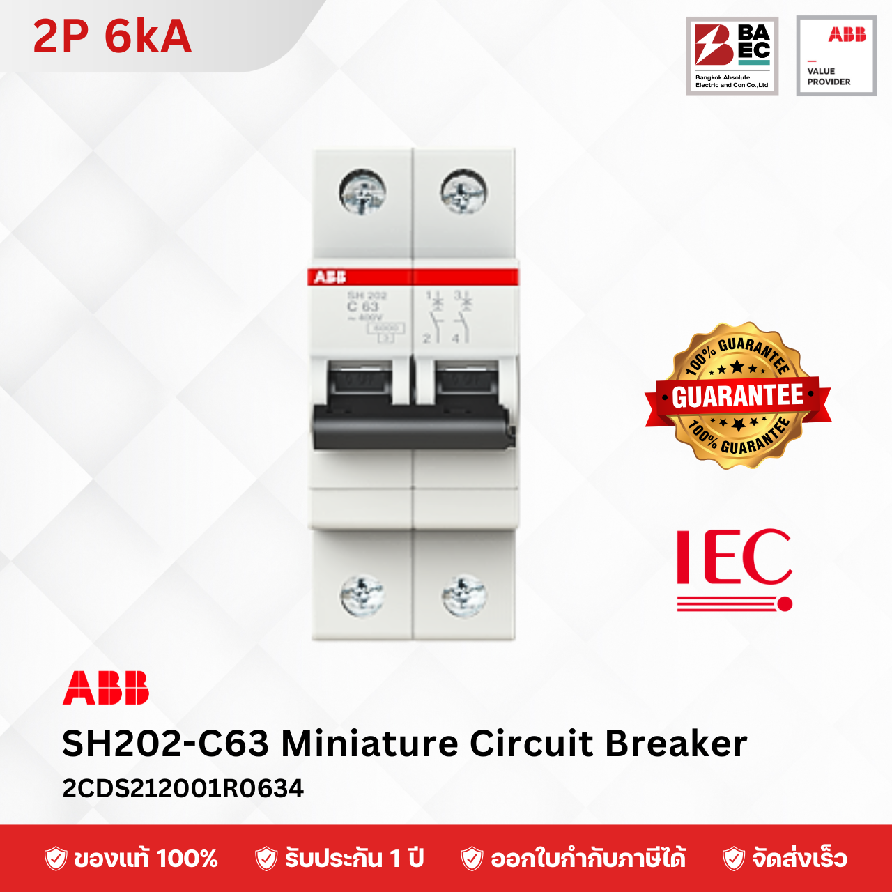 ABB SH202-C63 เซอร์กิตเบรกเกอร์ 63 Amp 2P 6KA