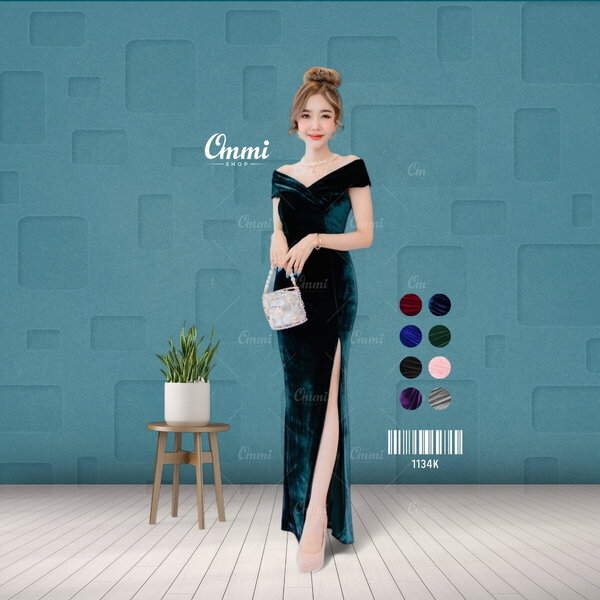 Ommishop ชุดราตรี 1134K ปาดไหล่วีนก กำมะหยี่ เดรสออกงาน ชุดงานแต่ง เพื่อนเจ้าสาว