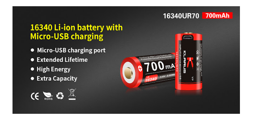 แบตเตอรี่ Klarus Li-ion 16340UR70 USB ขนาด 700 mAh สำหรับไฟฉายรองรับ 3.7 V