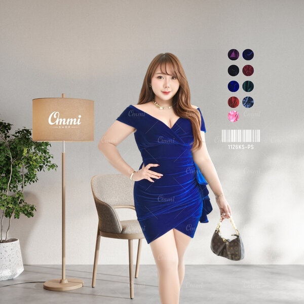 Ommishop ชุดราตรีสั้น 1126KS-PS กระโปรงกลีบบัว กำมะหยี่ เดรสออกงาน ชุดงานแต่ง เพื่อนเจ้าสาวเดรสสา...