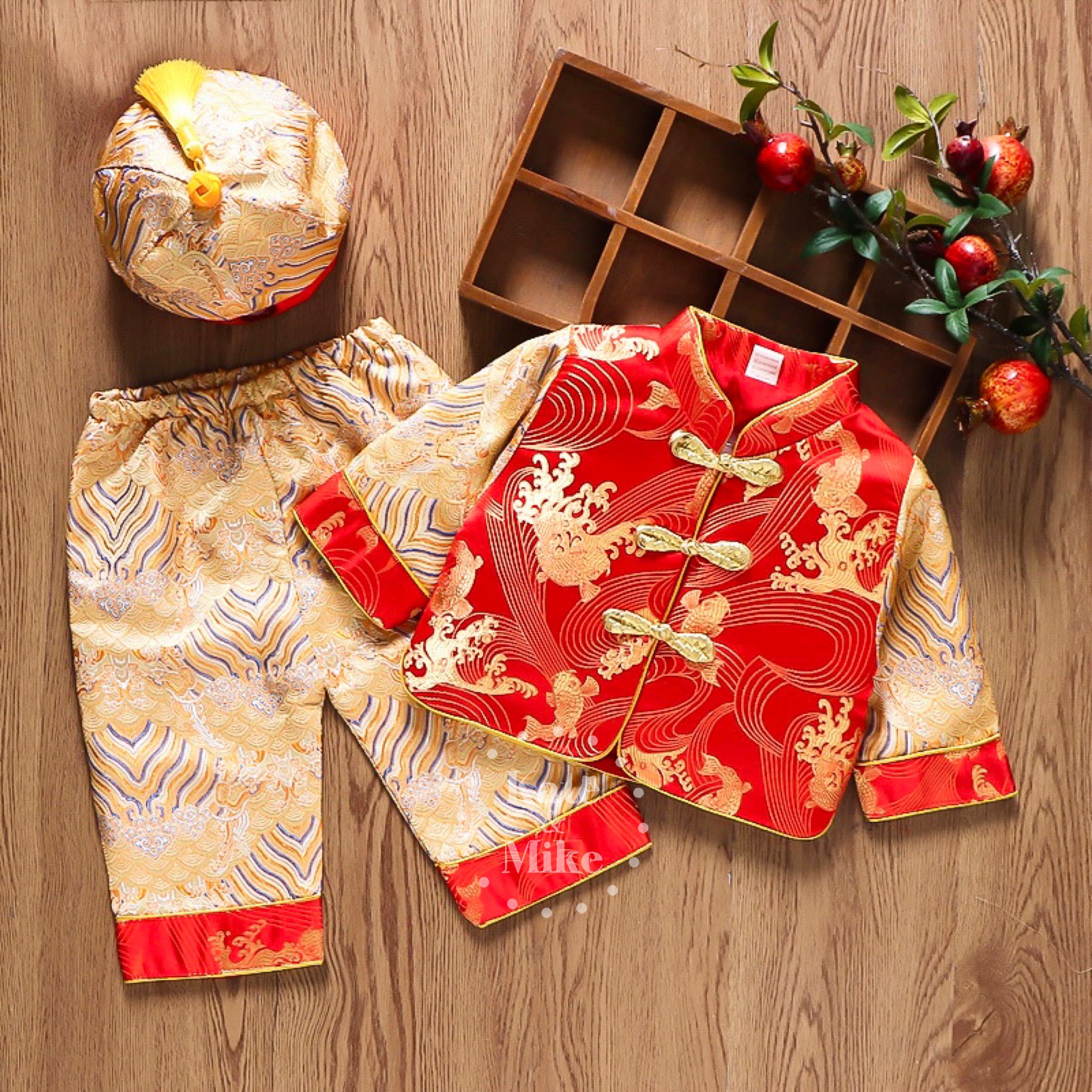 ชุดเสื้อคอจีนแขนยาว และกางเกงขายาว ทอลายปลาคราฟ K176