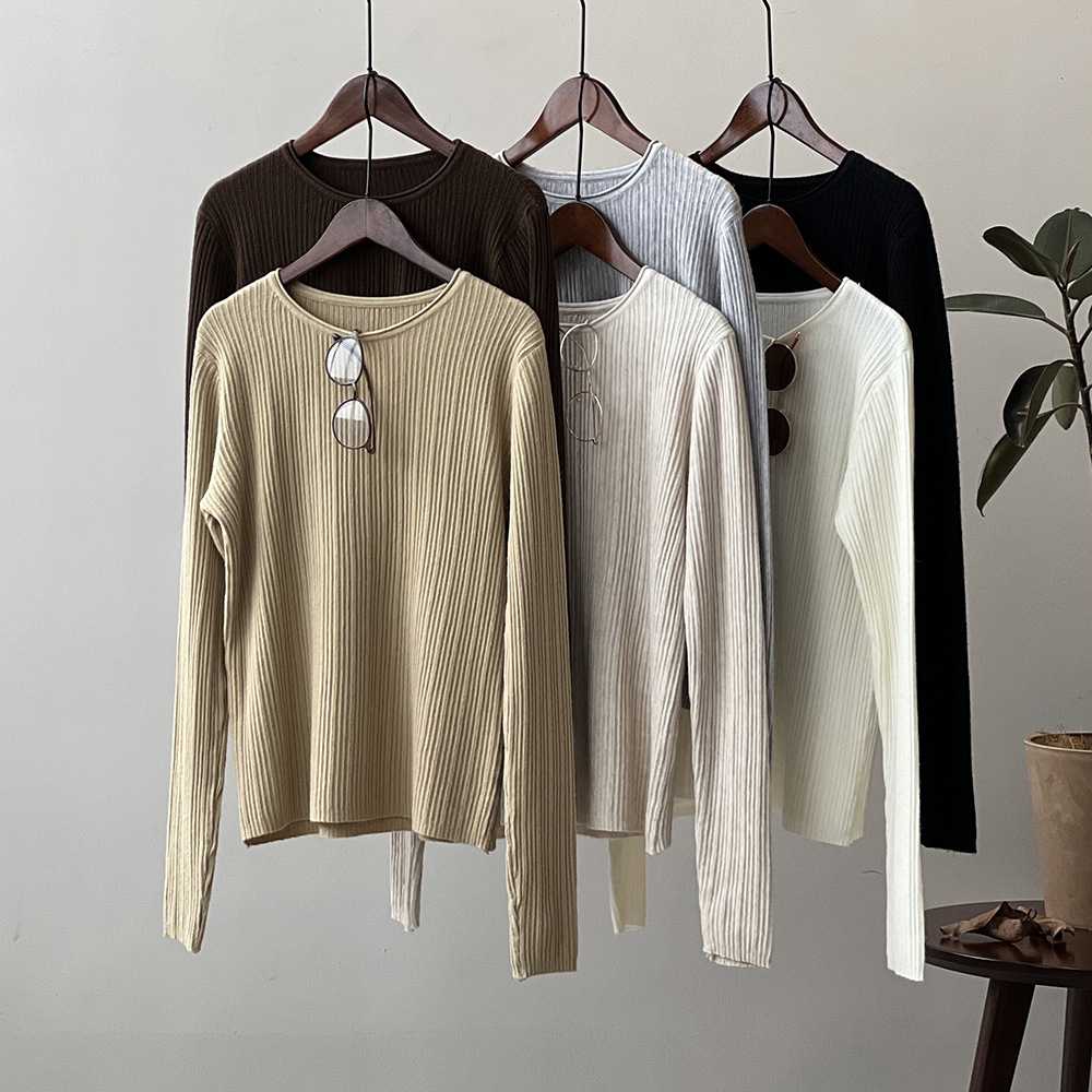เสื้อไหมพรมคอกลม P1272 แขนยาวทอลายร่อง สีเอิร์ธโทน