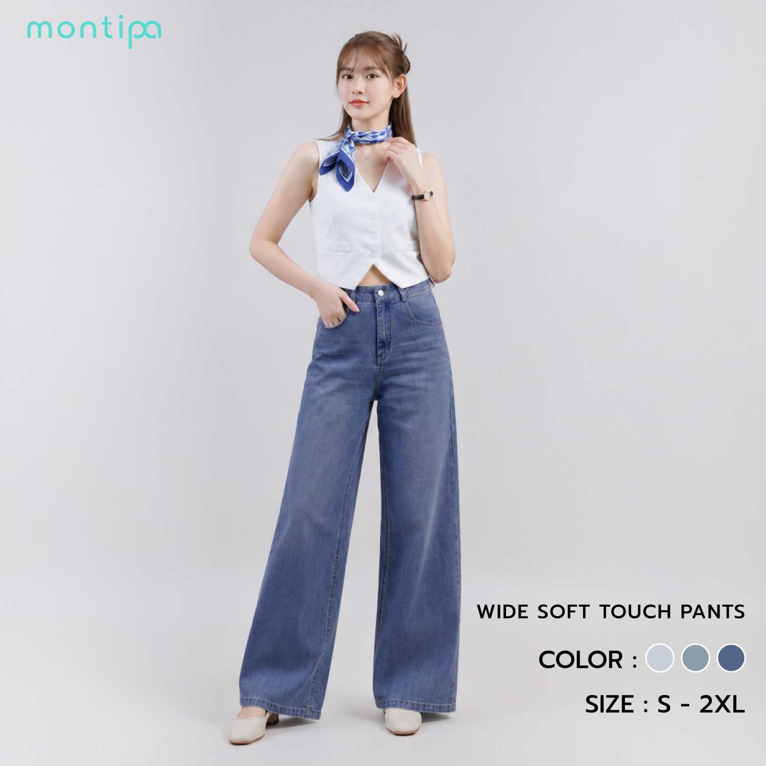 Montipa Wide Soft touch Pants กางเกงยีนส์ทรงกระบอก กระดุมและซิปหน้า ผ้า Comfort Soft Jeans RQPJC77