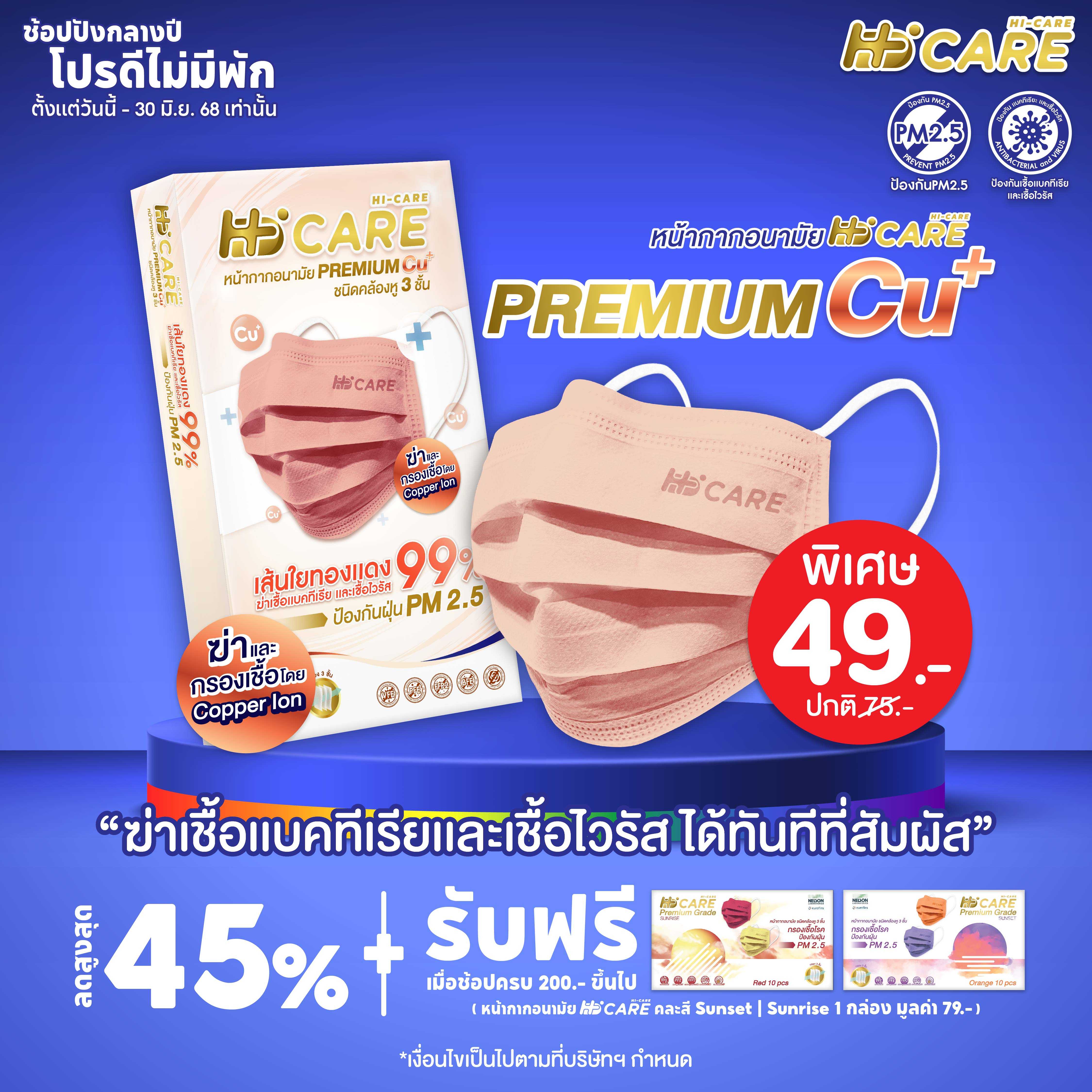Hi-Care Premium Copper Ion  แผ่นกรอง 3 ชั้น ชนิดคล้องหู  10 ชิ้น