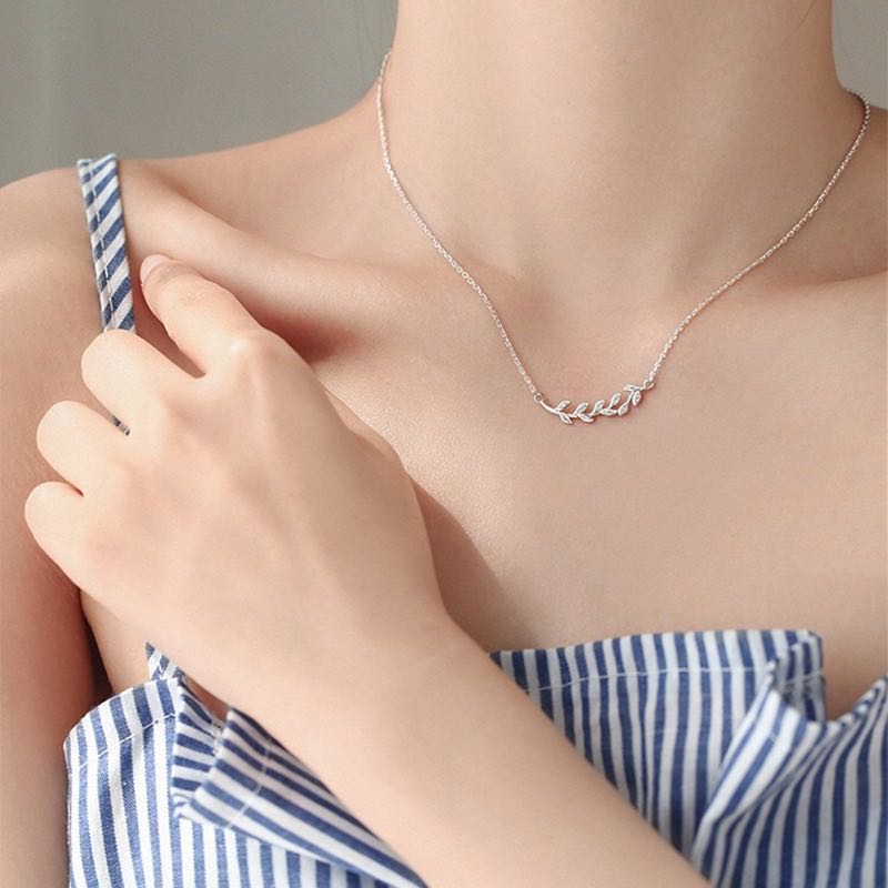 สร้อยเงิน925 จี้ใบมะกอกฝังเพชร
