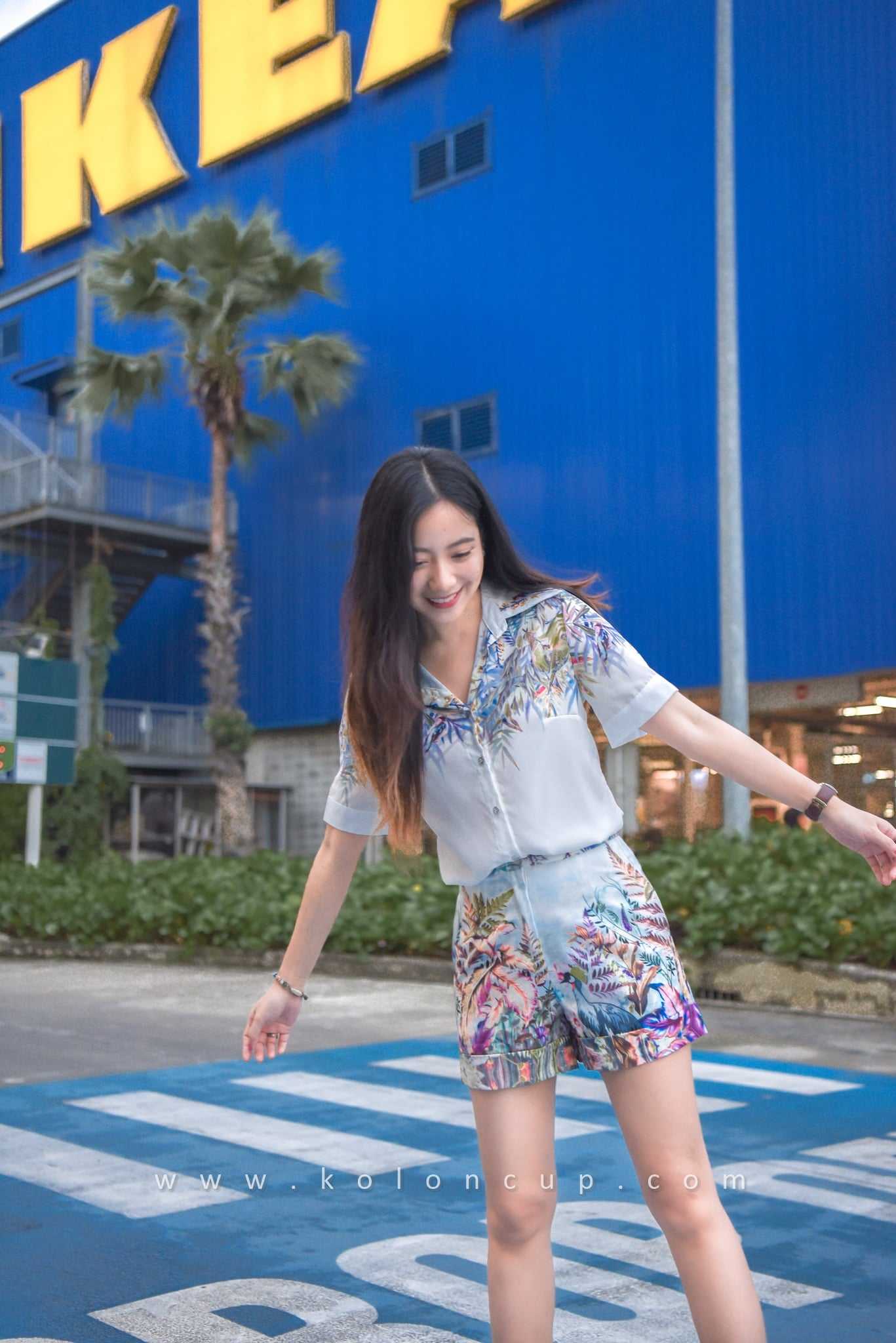 KolonCup  ชุดเซ็ทเสื้อ+กางเกงลายนกยูงป่า  ชุดเซ็ทใส่เที่ยว ใส่ลำลอง KL3102