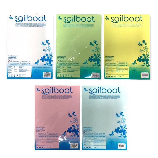 กระดาษ การ์ด สี 120, 150, 180, 210 และ 240 แกรม บรรจุ 100 แผ่น มี 5 สี ขาว เขียว เหลือง ชมพู ฟ้า